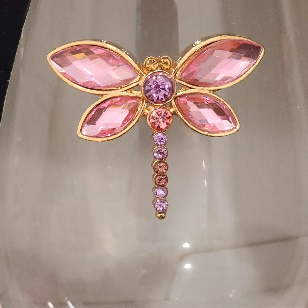 Rachel Zoe Pink Purple Jeweled Rhinestone Lucky Dragonfly Stemless Wine Glasses